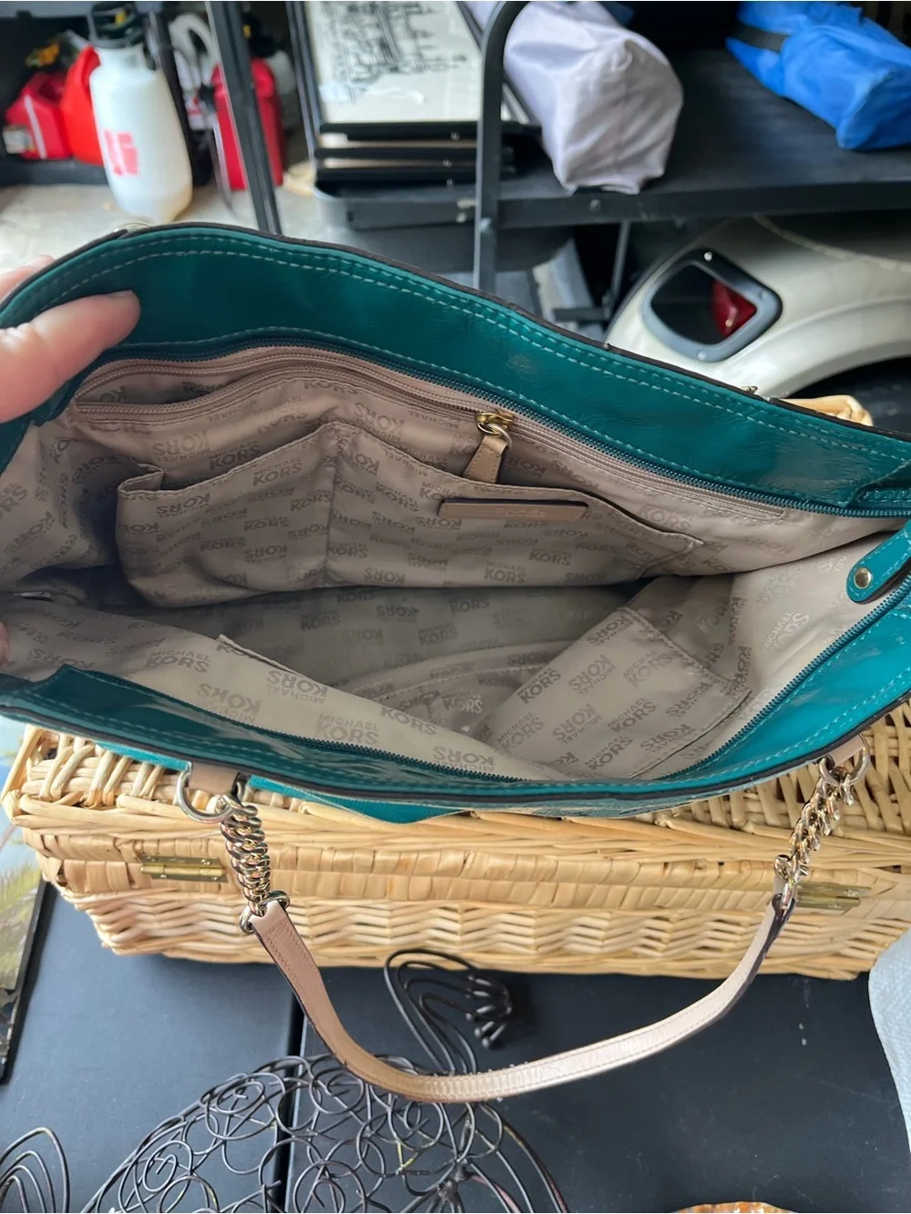 Michael Kors Teal Patent Tote with Gold Chain Handles - Picture 2 of 2